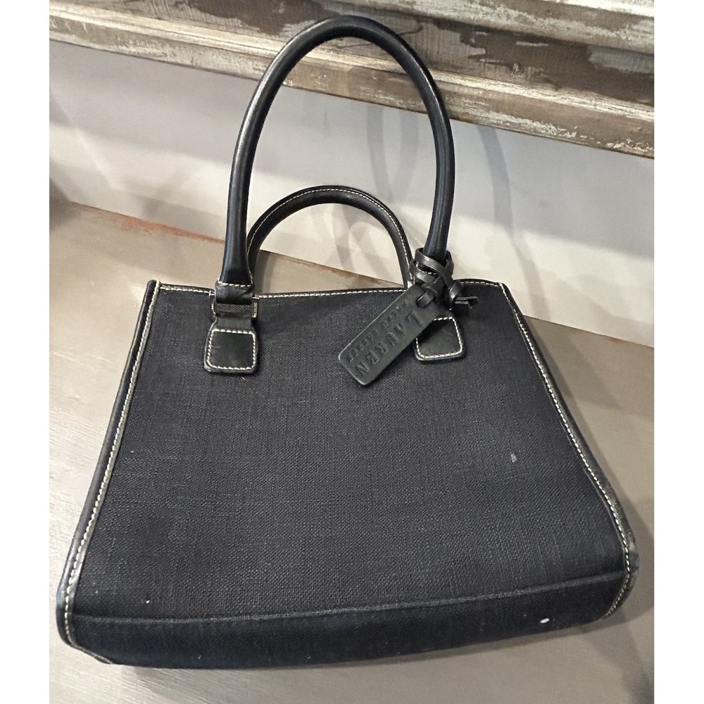 Lauren Ralph Lauren Black Textured Fabric Black Faux Leather 2 Straps Tote Bag